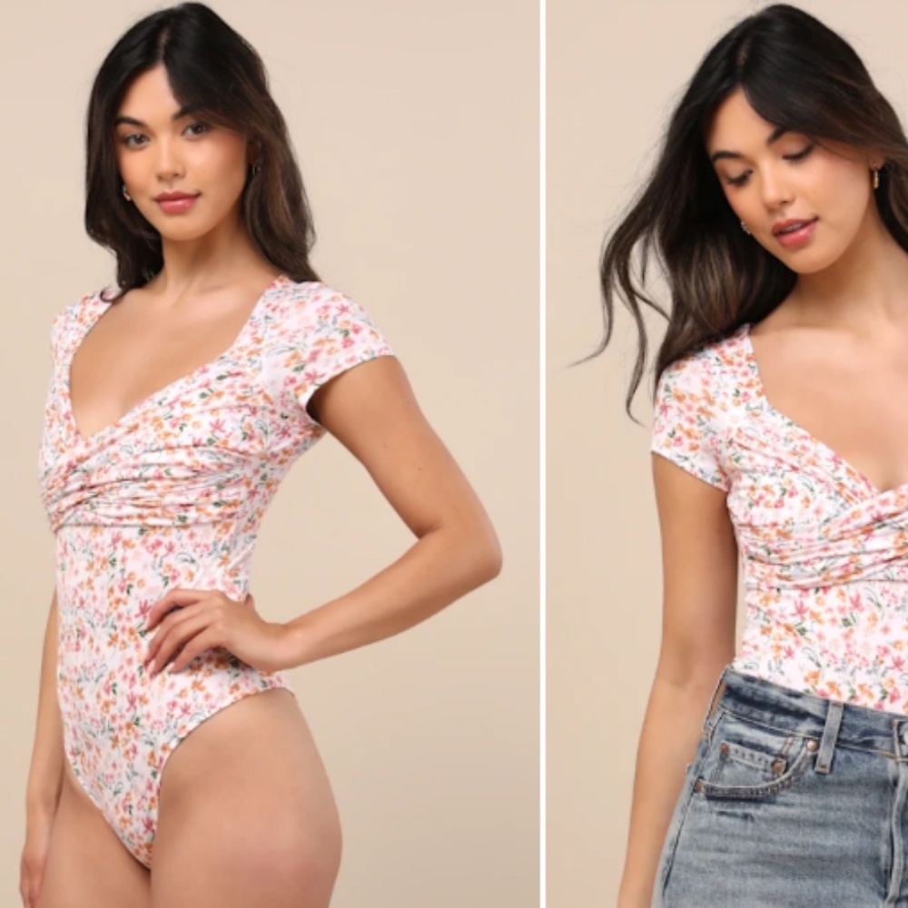 Lulus Sweetest Nature Ivory Floral Print Short Sleeve Bodysuit White - Size L